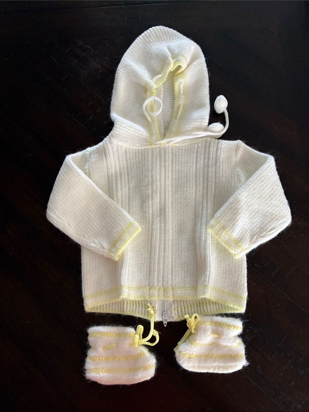 Kids White & Yellow Hooded Knit Matching Set